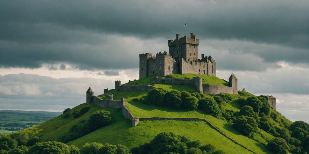 Historic Irish castle on a green hill with clouds.