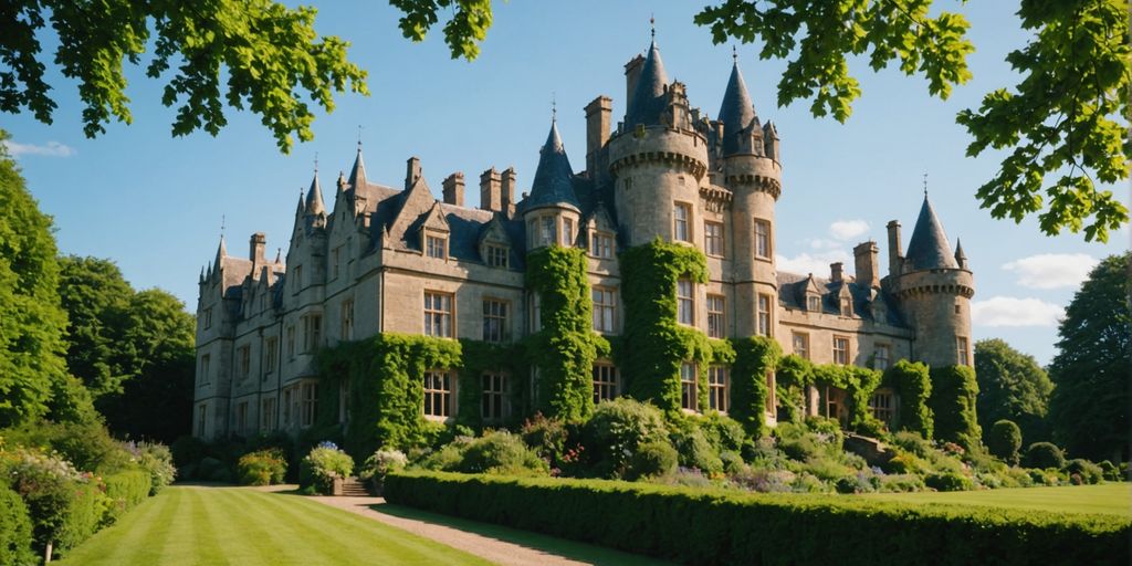 Historic British castle surrounded by vibrant gardens and clear sky.