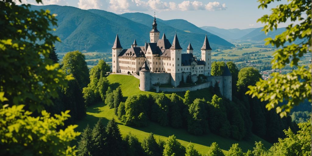 Austrian castle with green landscape and clear sky.