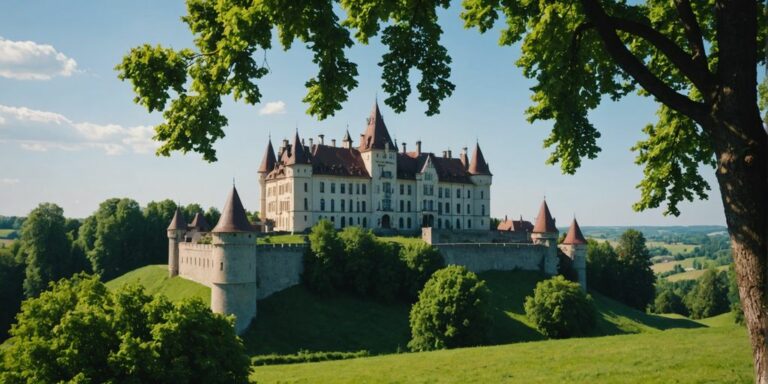 Romanian castle surrounded by greenery under a clear blue sky.