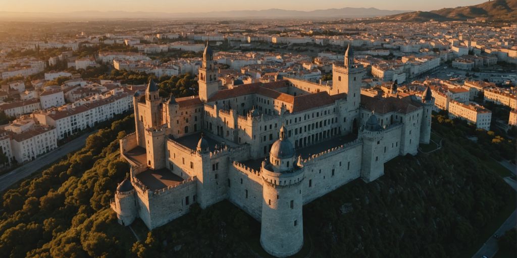 Majestic Spanish castle with sunset backdrop