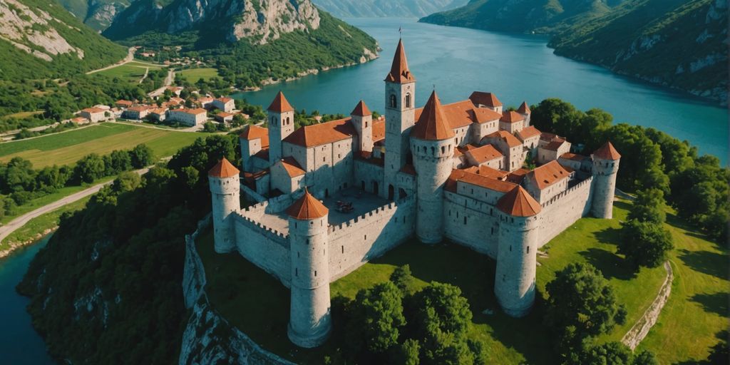 Aerial view of Montenegro's majestic castles and greenery.