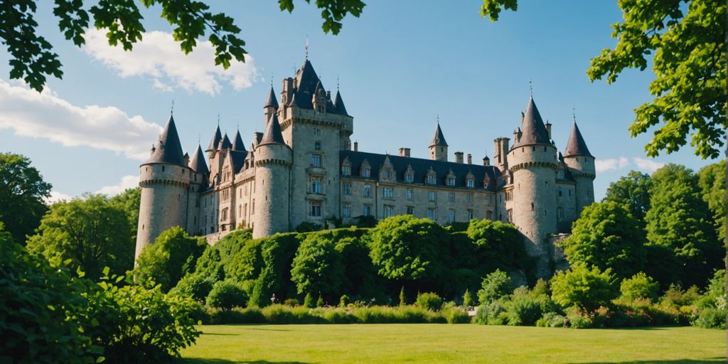 A beautiful German castle with towers and greenery.