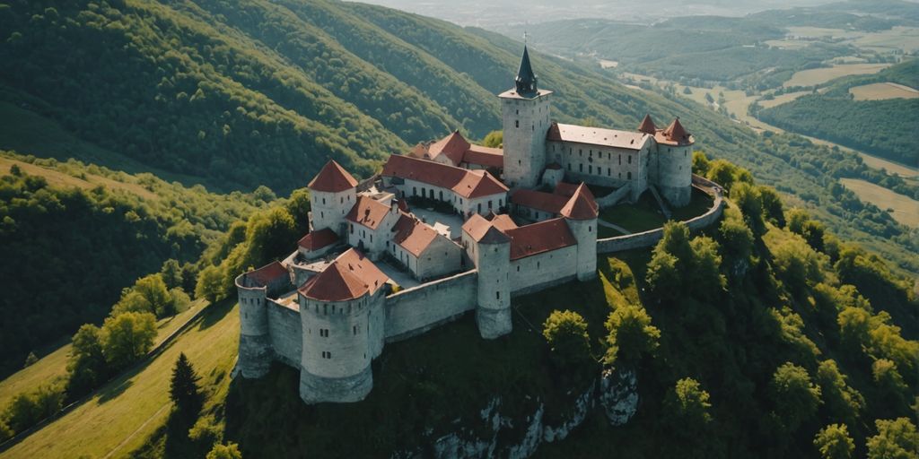 Historic Serbian castle on a hilltop with scenic surroundings.