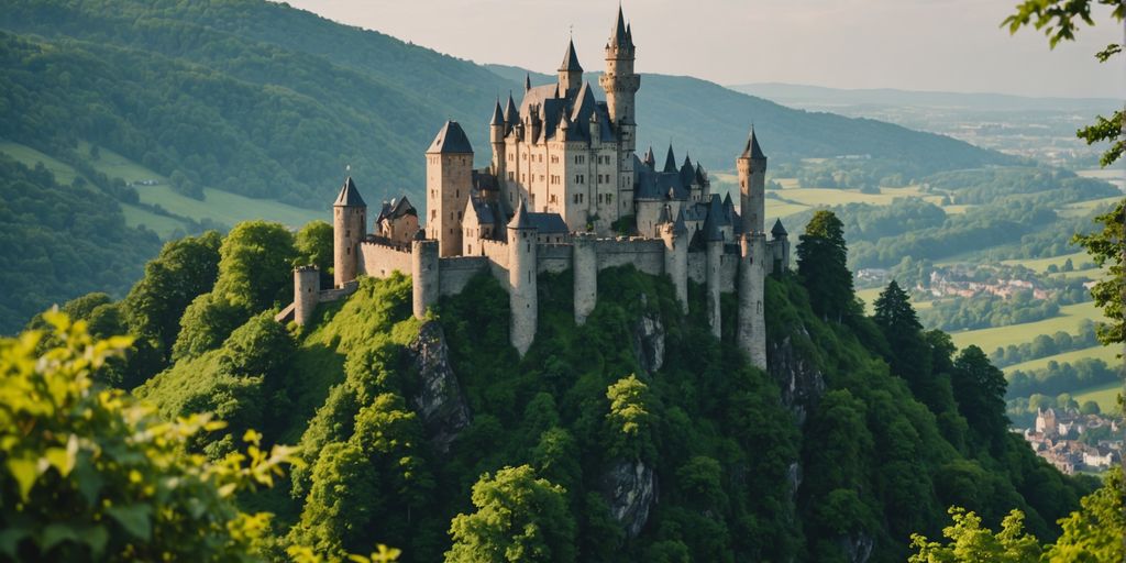 Castle on a hill surrounded by lush greenery.