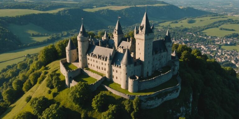 Aerial view of a historic Portuguese castle on a hilltop