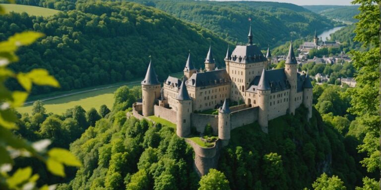 Luxembourg castle on a hill with lush green surroundings.